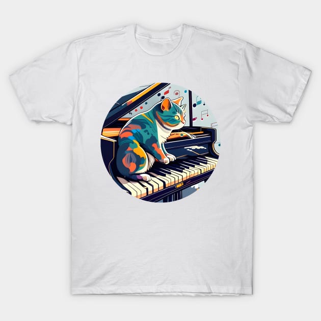 Musician Cat Lover Colorful - Cat Playing Piano T-Shirt by William Edward Husband